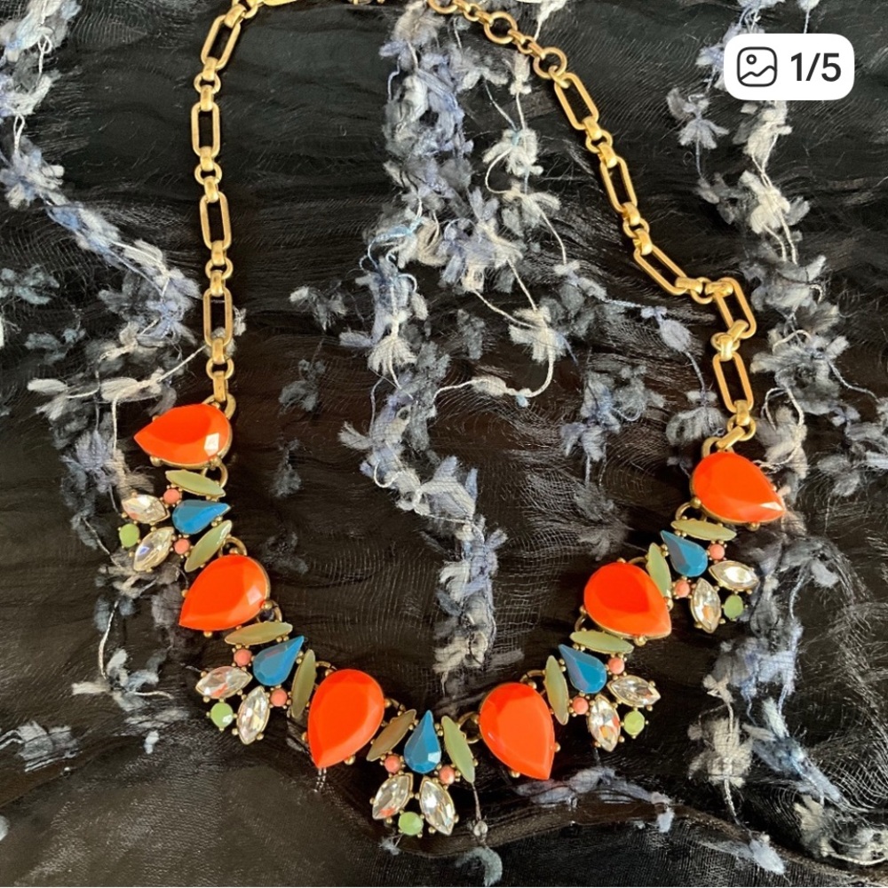 J. CREW STATEMENT NECKLACE WEDDING PROM BOHO FAUX STONE SPARKLE ORANGE BLUE